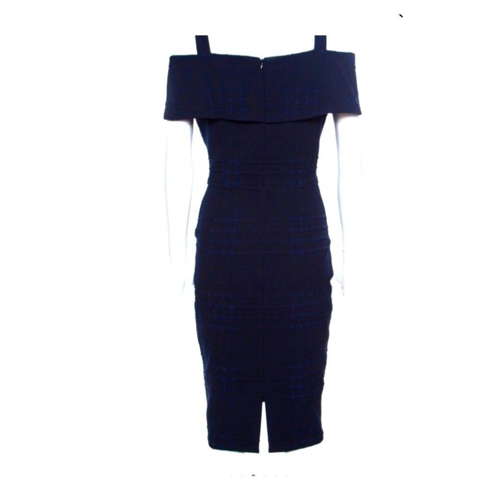 Badgley Mischka Navy Blue Jacquard Knit Cold Shoulder Cocktail Dress Luxury 12